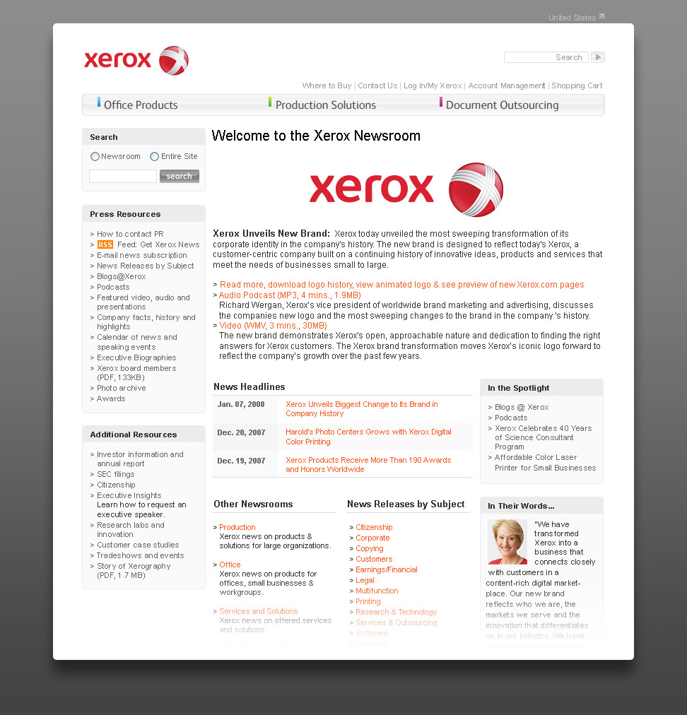 Xerox Rebrand - Corporate Newsroom Page